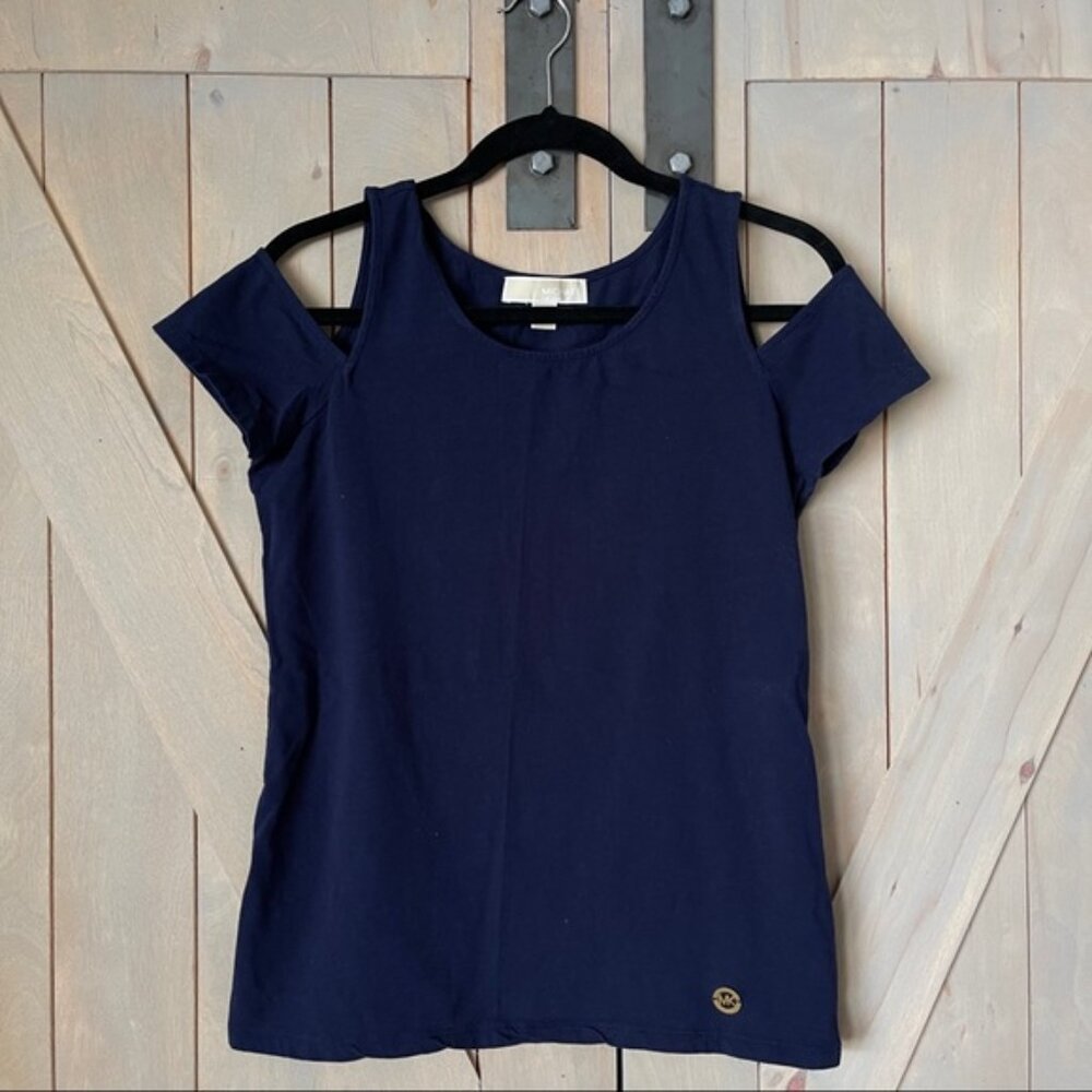 Women's Navy Blue Michael Kors Cold Shoulder Short Sleeve Tee Top